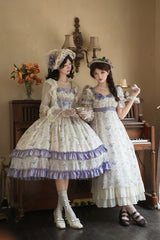 Purple/Ivory [Iris Secrets] Double-Layered Print Ruffle Bowknot Lace-Up Fake Two Pieces Sweet Lolita Jsk Dress - Product - 9