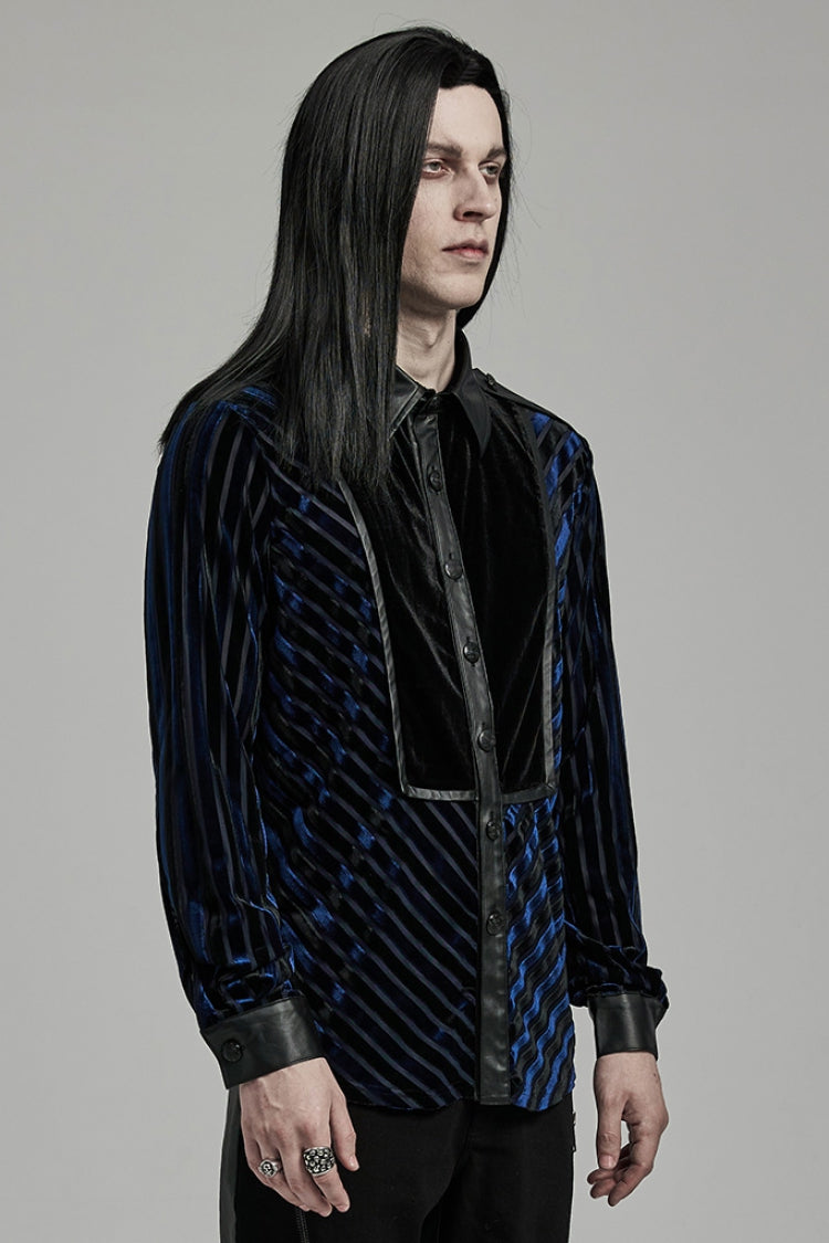 Black/Blue Lapel Collar Stitching Slim Men's Gothic Blouse - Product - 2