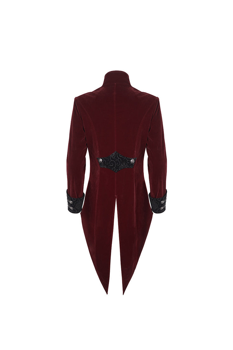 Red Stand Collar Lace Splice Swallow Tailed Men's Gothic Coat - Product - 10