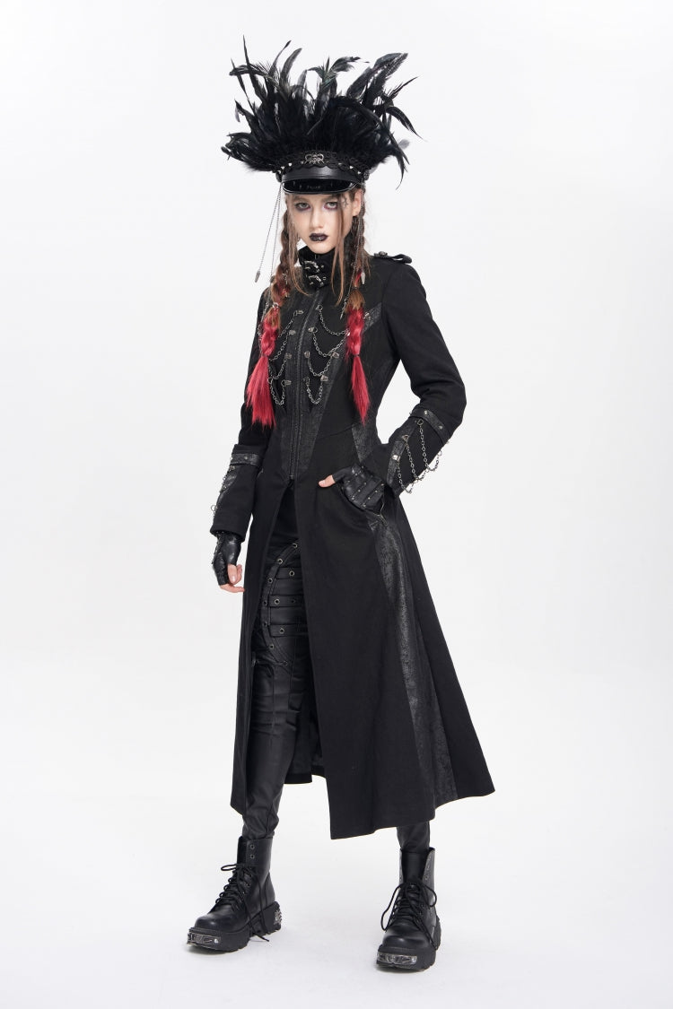 Black Stand Collar Long Sleeves Buckle Chain Women's Punk Jacket - Product - 7