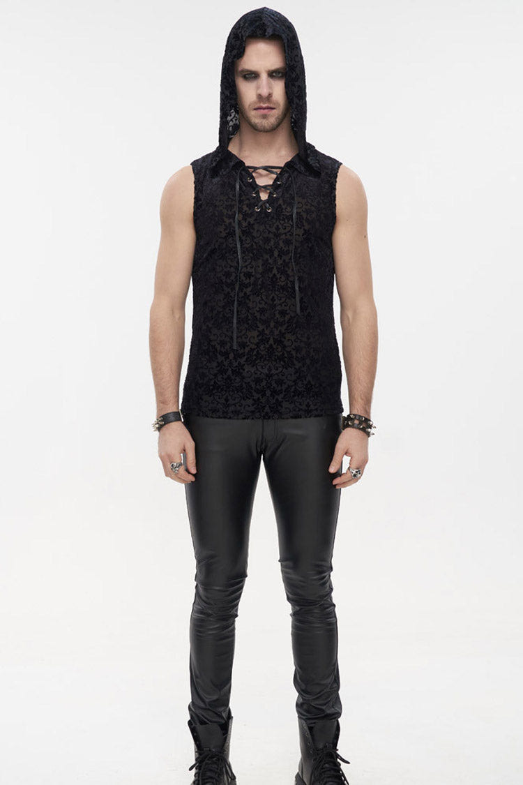 Black Punk Velvet Jacquard Chest Tie Sleeveless Hooded Men's Shirt - Product - 3