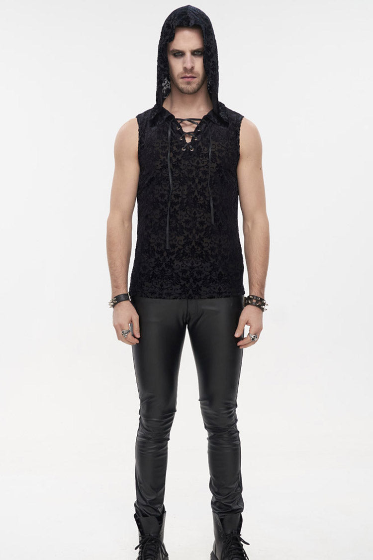 Black Punk Velvet Jacquard Chest Tie Sleeveless Hooded Men's Shirt - Product - 3