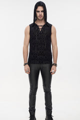 Black Punk Velvet Jacquard Chest Tie Sleeveless Hooded Men's Shirt - Product - 3