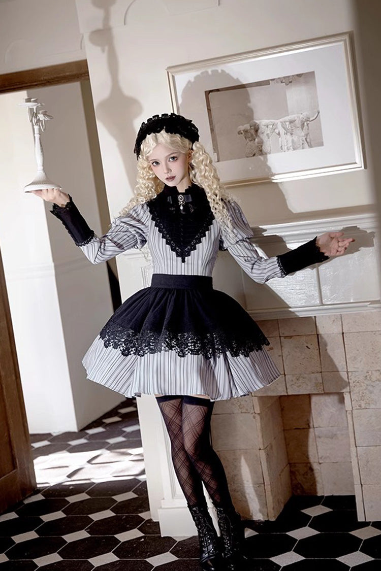 Light Grey [Nocturne] Vertical Stripes Print Ruffle Bowknot Lace Gothic Lolita Dress 2 Versions - Product - 12