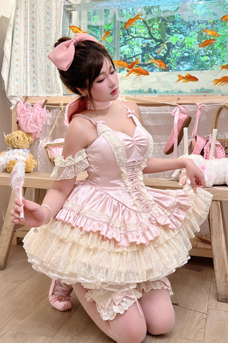 Pink [Ballet Cat] Multi-Layered Ruffle Bowknot Lace Sweet Ballet Lolita Jsk Dress - Product - 2