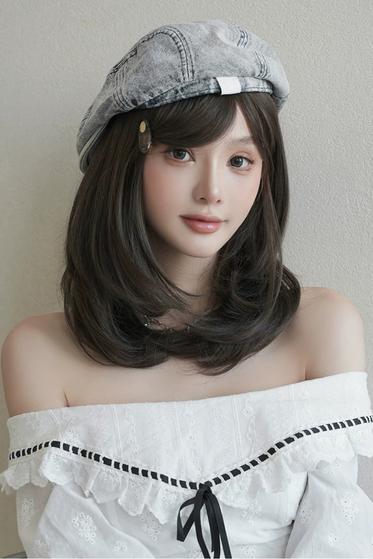 Cool Brown Refined Side-Swept Bangs Multi-Layered Sweet Lolita Shoulder Length Wig - Product - 4