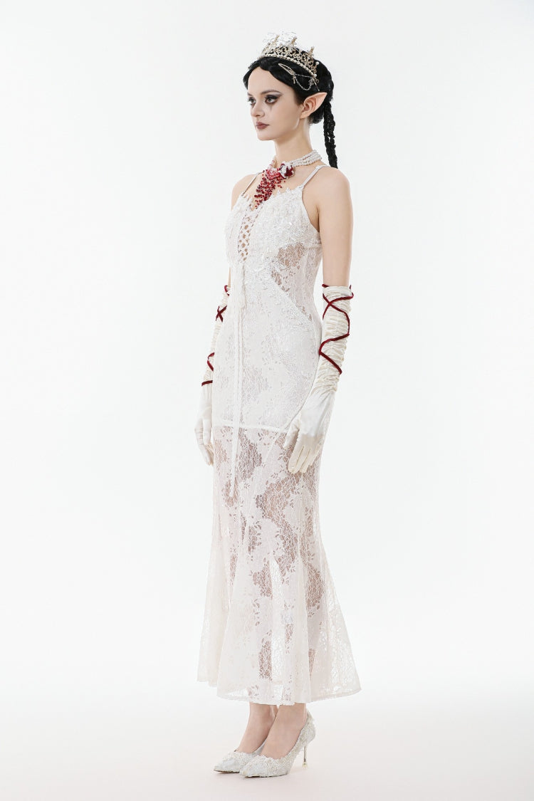 White Sleeveless Lace Lace-Up Women's Gothic Slip Dress Mermaid Wedding Dress - Product - 9