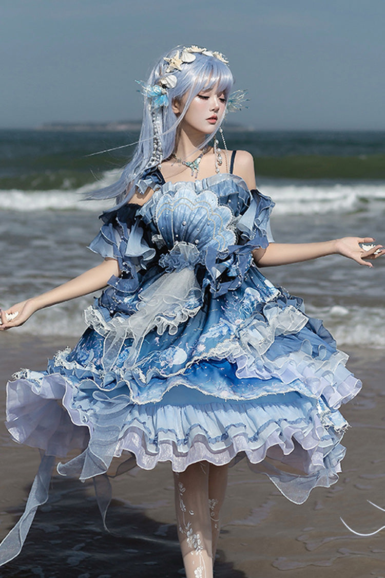 Blue [Jellyfish] Gradient Print Ruffle Embroidery Bowknot Lace Asymmetric Sweet Elegant Lolita Jsk Dress - Product - 10
