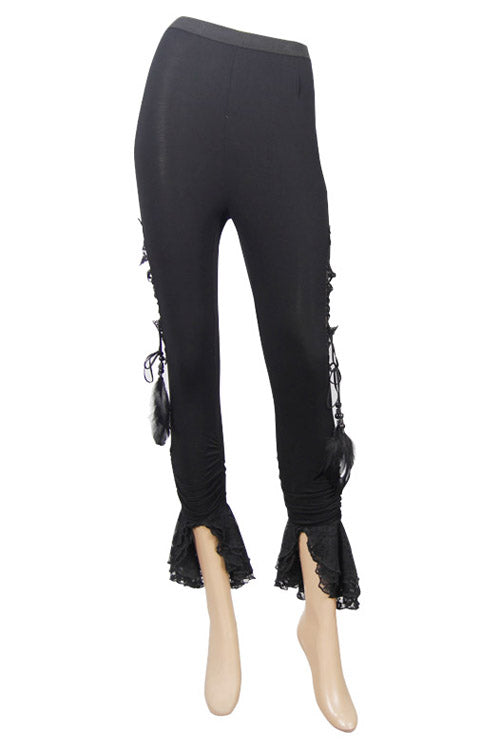 Black Side Hollow Out Lace Up Slit Lace Hem Gothic Womens Pants - Product - 8