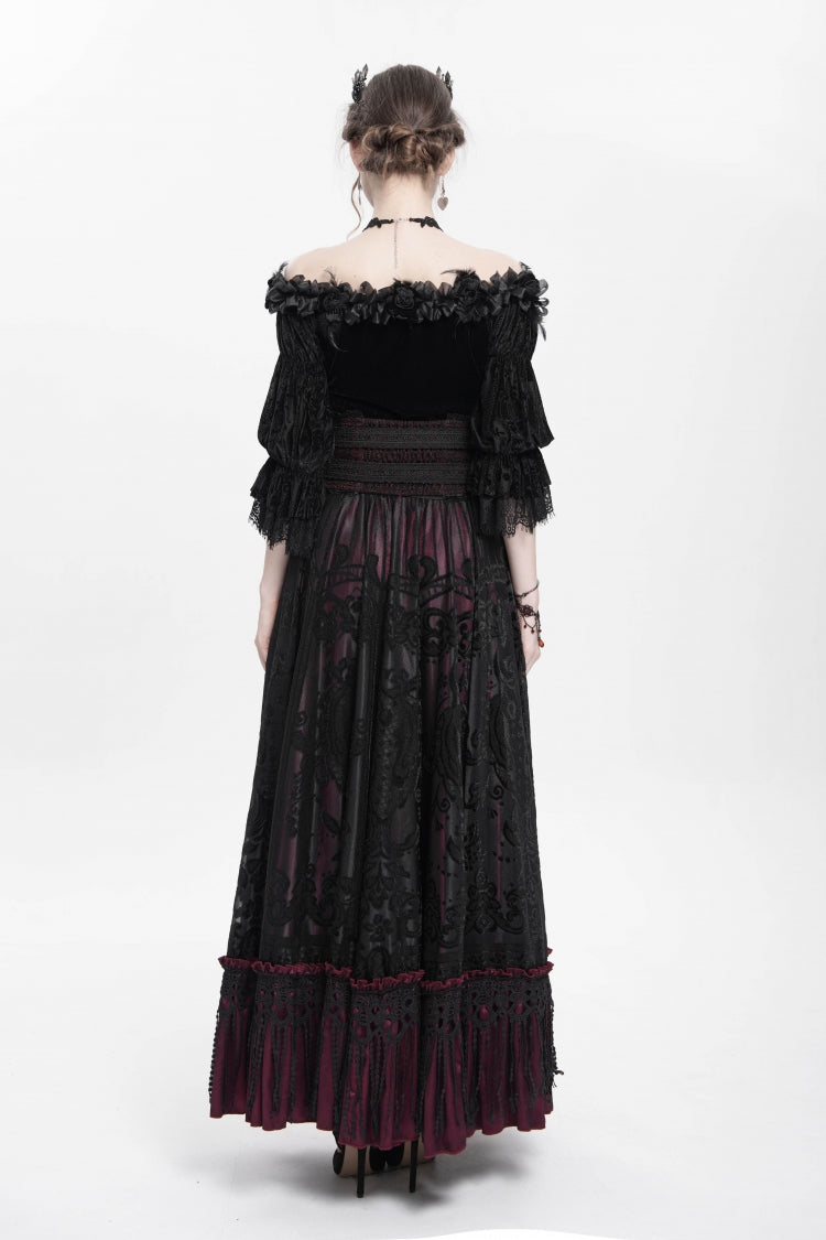 Red Jacquard Embroidery Buckle Tassels Women's Gothic Long Skirt - Product - 14