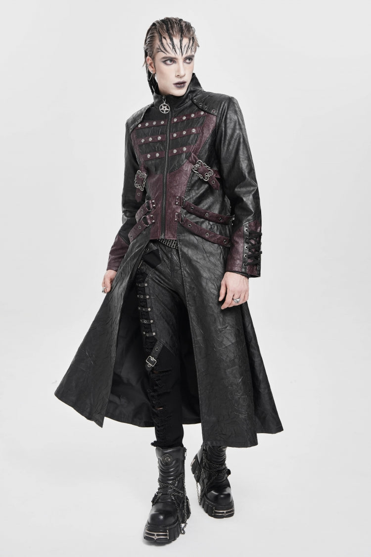 Black/Red Stand Collar Zipper Straps Eyelet Men's Punk Coat - Product - 5