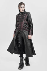 Black/Red Stand Collar Zipper Straps Eyelet Men's Punk Coat - Product - 5