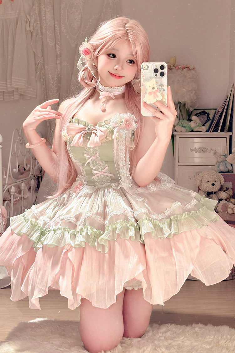 Pink/Green Summer Garden Ruffle Embroidery Bowknot Lace Sweet Lolita Jsk Short Dress - Product - 10