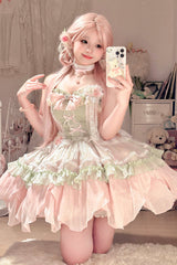 Pink/Green Summer Garden Ruffle Embroidery Bowknot Lace Sweet Lolita Jsk Short Dress - Product - 10