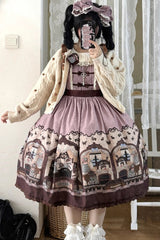 Pink/Purple Short Sleeves Bear Print Bowknot Classic Lolita Dress - Product - 9
