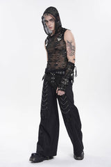 Black Sleeveless Slim  Skull Hooded Mesh Eyelet Men's Punk Cool Vest - Product - 6