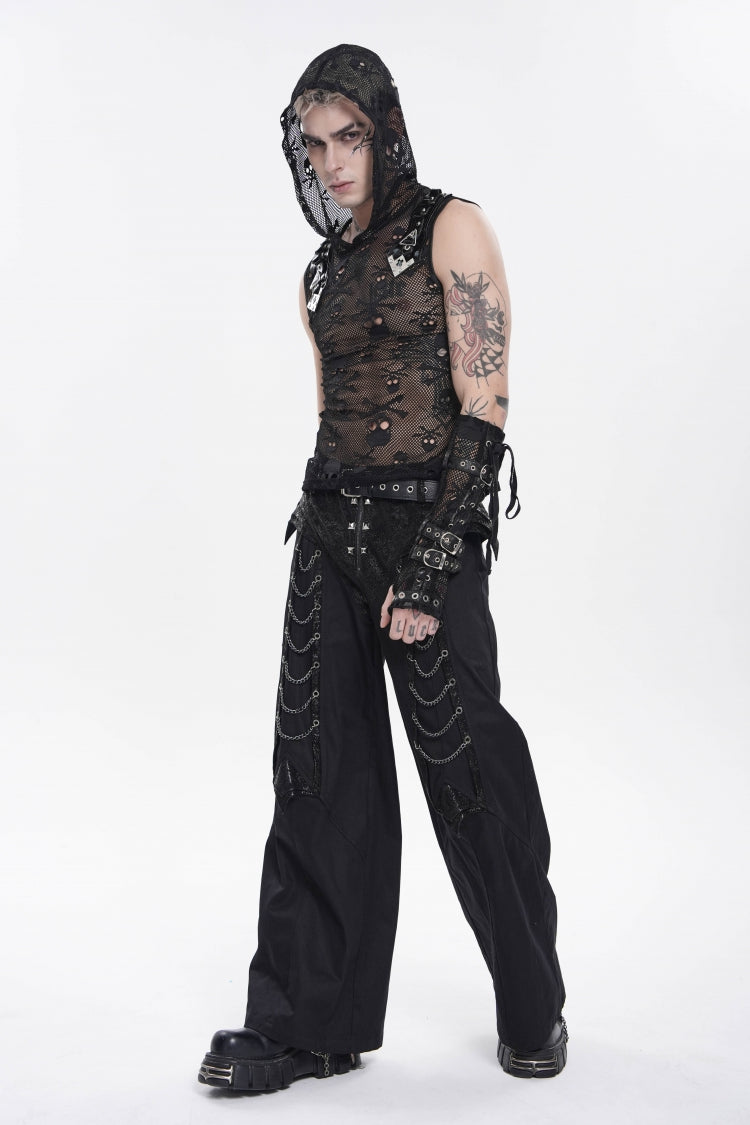 Black Sleeveless Slim  Skull Hooded Mesh Eyelet Men's Punk Cool Vest - Product - 6