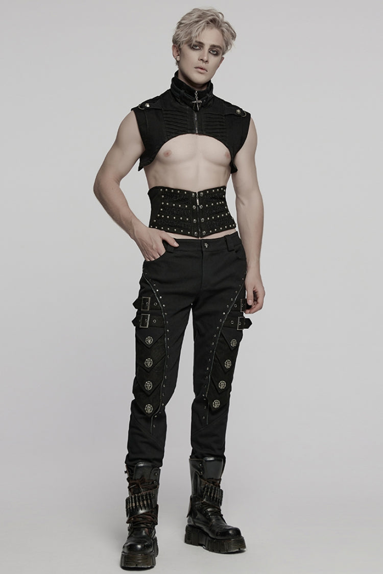 Black Stand Collar Sleeveless Rivet Zipper Men's Punk Cape - Product - 4
