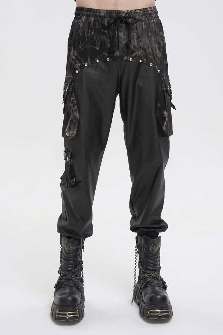 Black Tie Dyed Splice Hand Painted Waist Drawstring Men's Gothic Pants - Black - 1