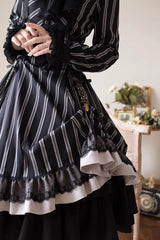 Black Stand Collar Long Sleeves Multi-layer Striped Print Ruffle Gothic Lolita Dress - Product - 10