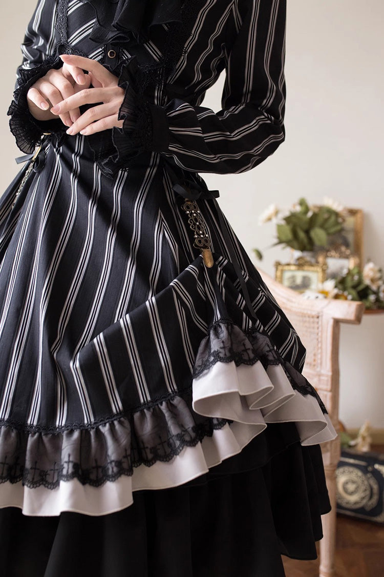 Black Stand Collar Long Sleeves Multi-layer Striped Print Ruffle Gothic Lolita Dress - Product - 10