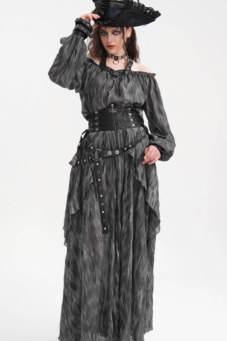 Grey Buckle-up Halterneck Long Sleeves Women's Gothic Blouse - Product - 4