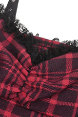 Red Sleeveless Hem Plaid Layered Lace Women's Punk Mini Strap Dress - Product - 15