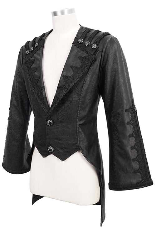 Black V Collar Wide Sleeves Swallowtail Fitted Leather Mens Gothic Coat - Product - 5