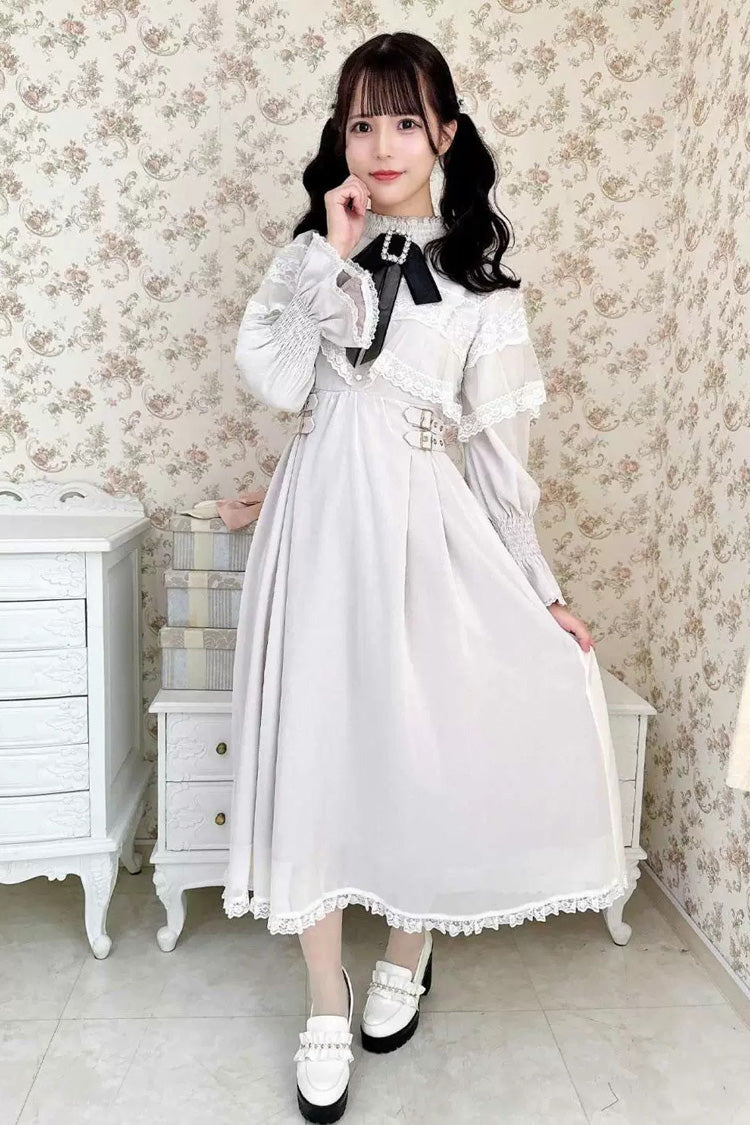 Lace Cape Long Sleeves Bowknot Slim Jirai Kei Japanese Dress 5 Colors - Beige - 2