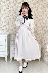 Lace Cape Long Sleeves Bowknot Slim Jirai Kei Japanese Dress 5 Colors - Beige - 2