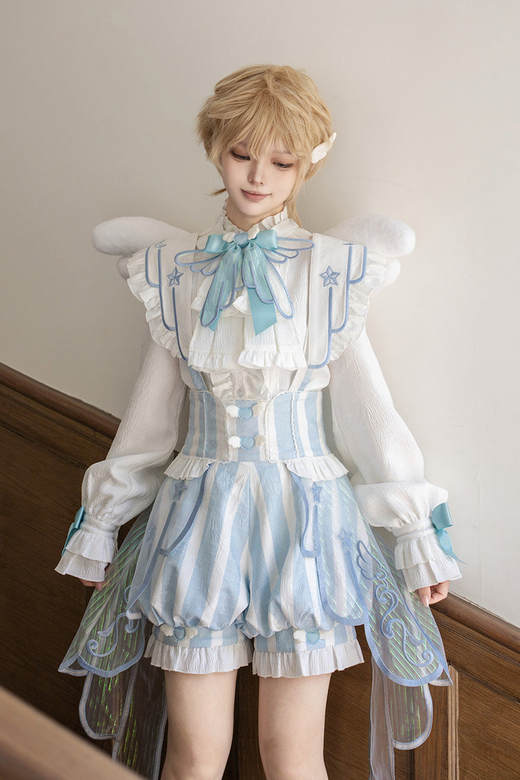 White/Blue [Angel’s Covenant] Stand Collar Long Sleeves Striped Printed Bow Gothic Ouji Lolita Suspender Shorts Set - White/Blue(Set) - 1
