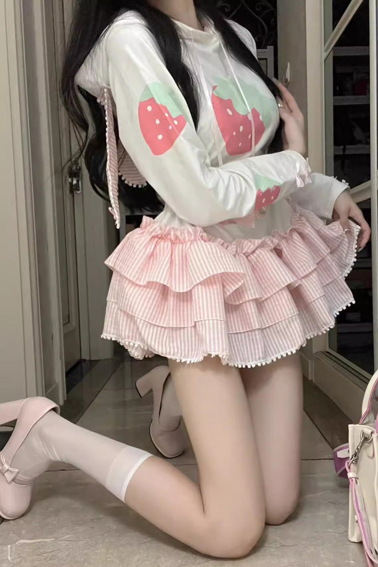 White/Pink Long Sleeves Triple-Layered Strawberry Print Hooded Sweet Lolita Dress - Product - 4