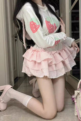 White/Pink Long Sleeves Triple-Layered Strawberry Print Hooded Sweet Lolita Dress - Product - 4