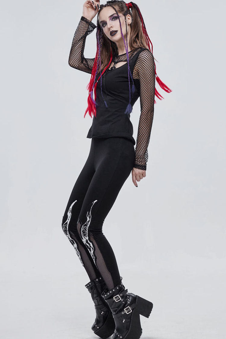 Black Gothic Stretch Knitted Fabric Spliced Mesh Devil Sheep Head Pattern Printing Women's Leggings - Product - 10