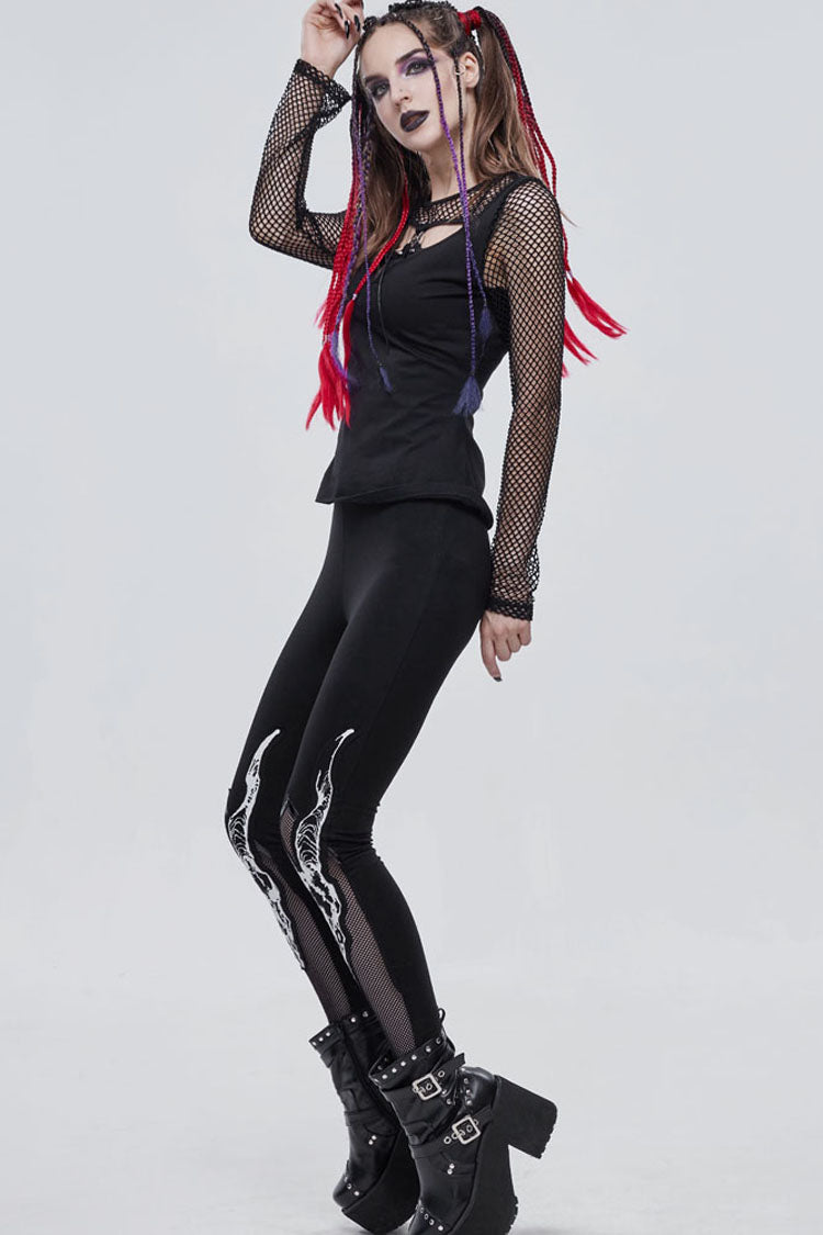 Black Gothic Stretch Knitted Fabric Spliced Mesh Devil Sheep Head Pattern Printing Women's Leggings - Product - 10