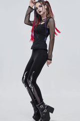 Black Gothic Stretch Knitted Fabric Spliced Mesh Devil Sheep Head Pattern Printing Women's Leggings - Product - 10