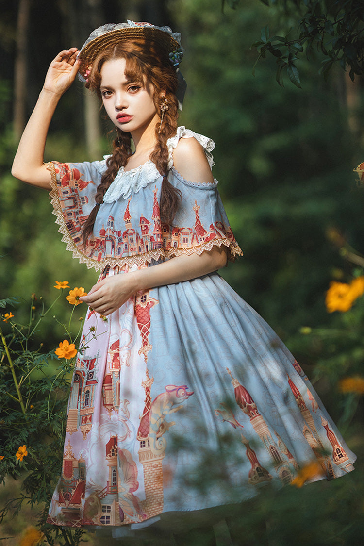 Multi-Color European Architectural Oil Painting Print Off Shoulder Short Sleeves Bowknot Sweet Lolita Dress - Product - 5