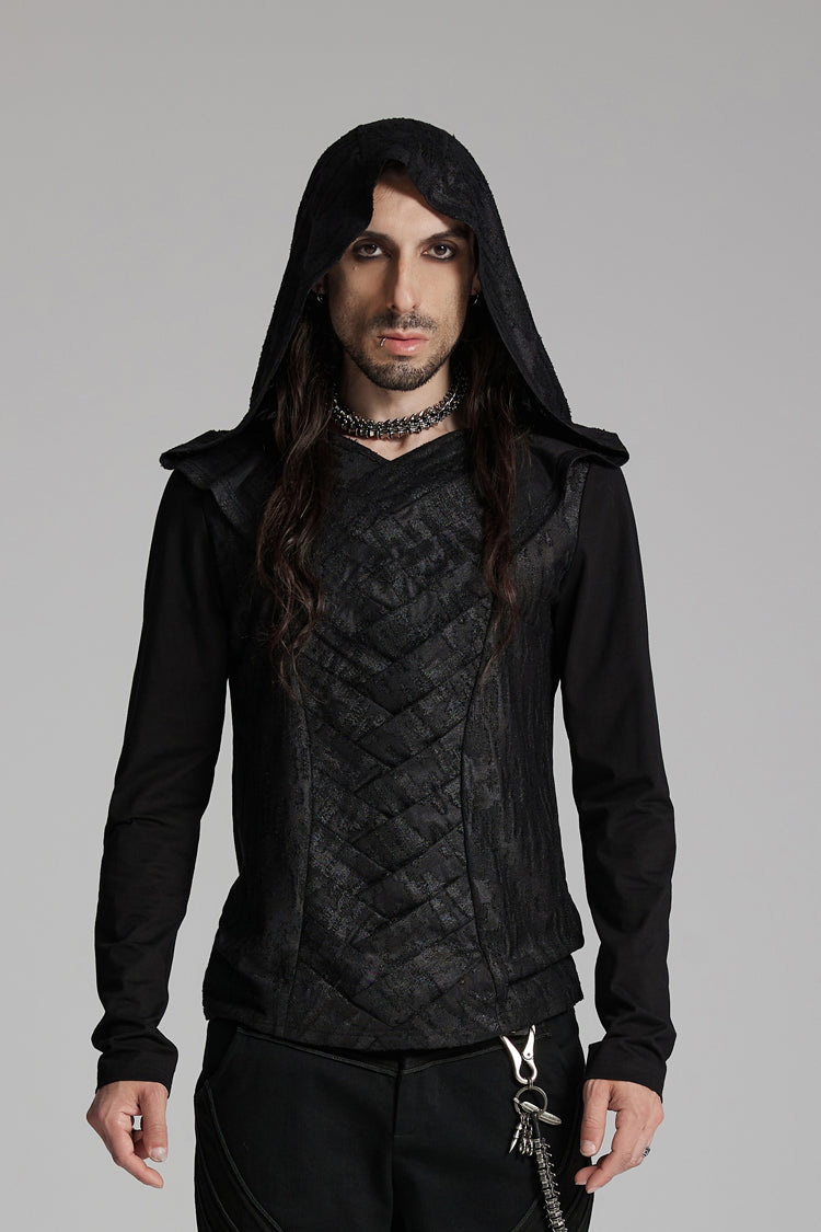 Black V Collar Long Sleeves Hooded Overlaping Mesh Men's Punk T-Shirt - Black - 1
