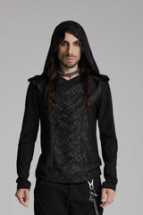 Black V Collar Long Sleeves Hooded Overlaping Mesh Men's Punk T-Shirt - Black - 1