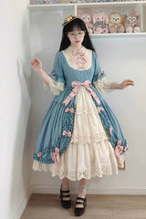 Blue [Lilica Garden] Lapel Collar Short Trumpet Sleeves Ruffled Open-Front Bow Lace Sweet Elegant Luxurious Lolita Dress - Product - 7