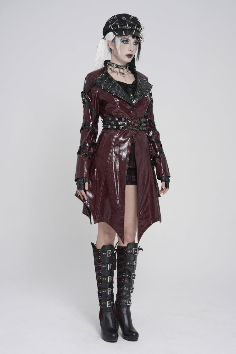Red Lapel Collar Long Sleeves Lace-Up Irregular Eyelets & Rings Women's Punk Coat - Product - 10