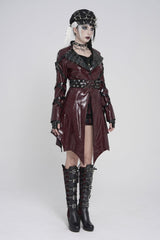 Red Lapel Collar Long Sleeves Lace-Up Irregular Eyelets & Rings Women's Punk Coat - Product - 10