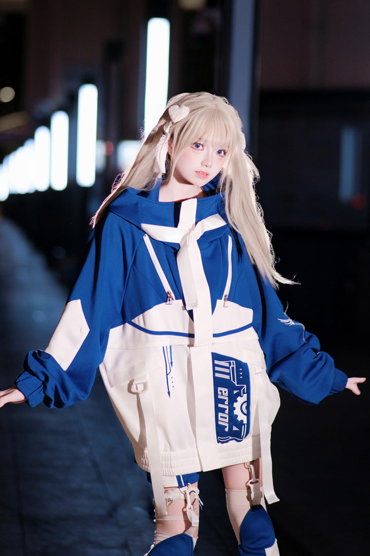 White/Blue [Zero-Type Transformation] Techwear Long Sleeves Embroidered Hooded Punk Jirai Kei Shorts Coat Set - Product - 12