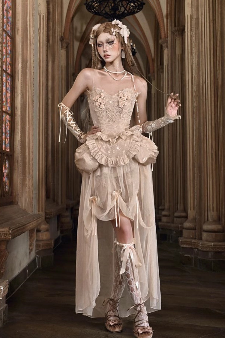 Apricot V Collar Sleeveless High Waisted Ruffle Embroidery Lace Fishbone Gothic Lolita Corset Skirt Set - Apricot - 1