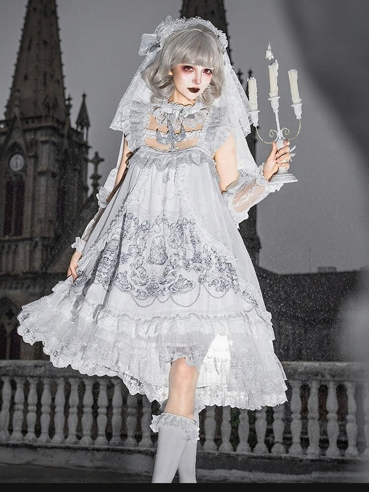 Gothic White Candle Print Waistless Lolita JSK Dress with Lace Details + Choker + Candle Embroidered Brooch Set - view 7