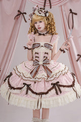 Pink [Shengqiao Tata] Sleeveless Print Ruffle Bowknot Lace-Up Sweet Elegant Lolita Jsk Dress - Product - 21