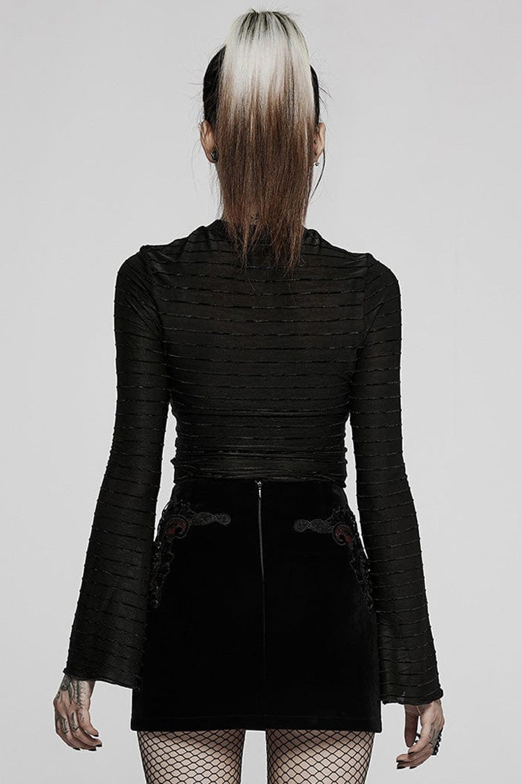 Black Gothic Velvet Striped Light Flared Sleeve Asymmetric Hem Sexy Long Sleeve Women's T-Shirt - Product - 3