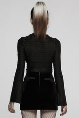Black Gothic Velvet Striped Light Flared Sleeve Asymmetric Hem Sexy Long Sleeve Women's T-Shirt - Product - 3