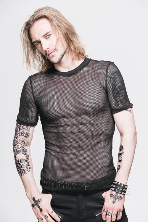 ブラック ダイヤモンド シェイプ メッシュ ラウンドネック 半袖 パンク メンズ トップス Tシャツ 商品画像