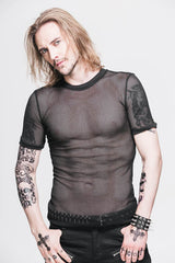 Black Diamond Shaped Mesh Round Neck Short Sleeves Punk Mens Tops T-Shirt - Product - 2